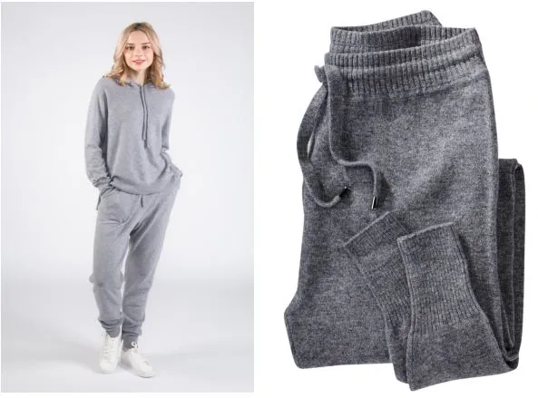 Calças de Lazer de Cashmere Luxuoso para Mulheres e Suéter de Capuz de Cashmere