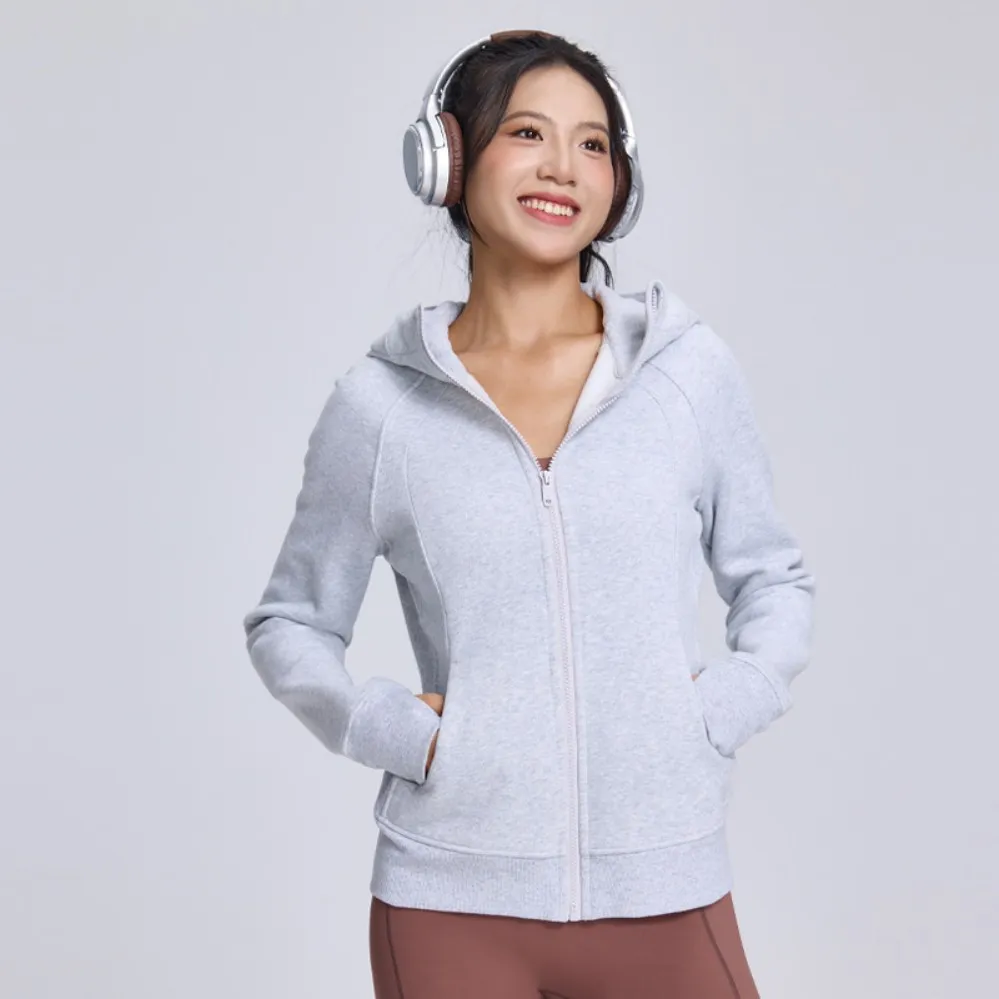 Moletom feminino de moda esportiva personalizado por atacado, forrado com fleece, quente, com capuz, ajuste slim, espesso, jaqueta de fitness e yoga para outono e inverno