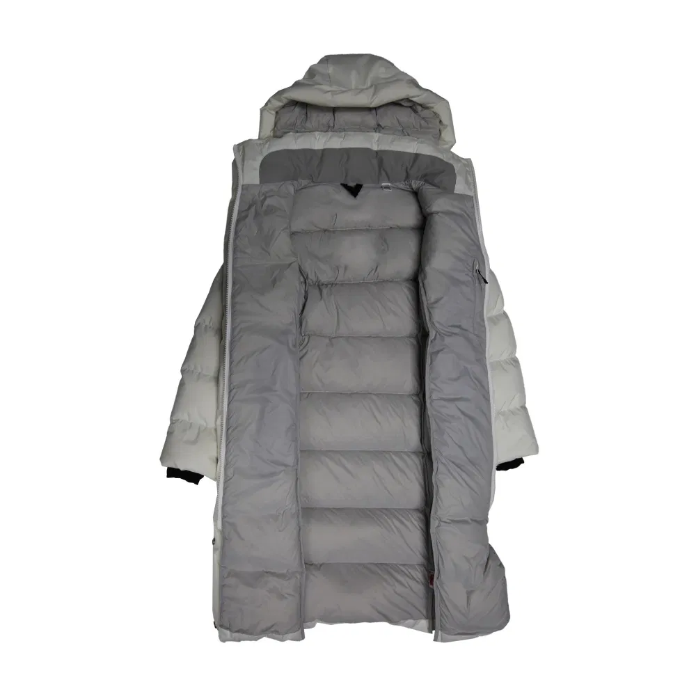Casaco longo puffer feminino estiloso e ultra quente com capuz e enchimento de plumas para a fria temporada de inverno ao ar livre
