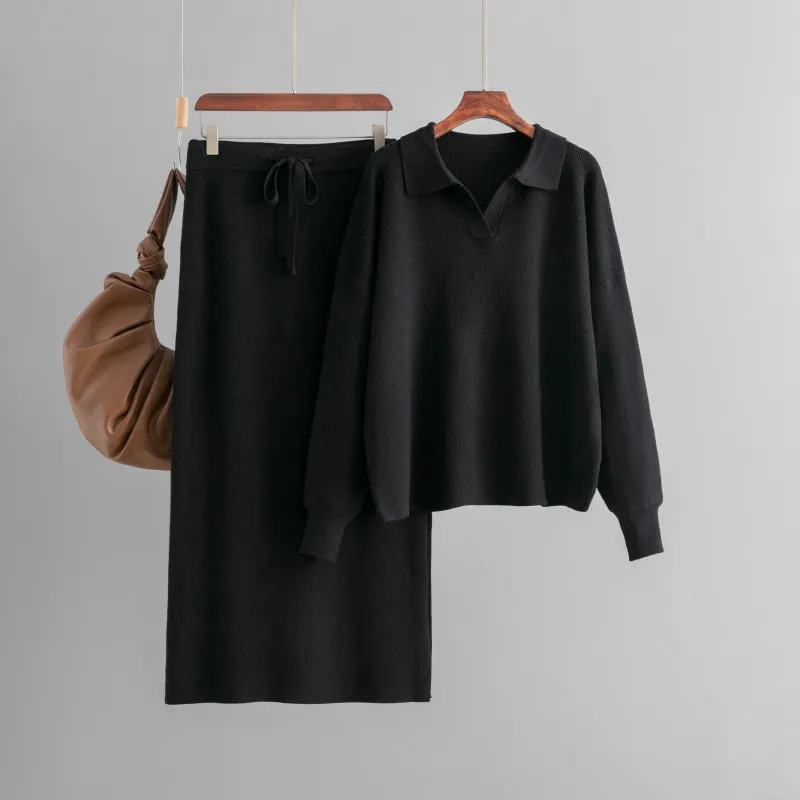 Vestido de malha para mulheres com gola polo, saia base combinando com casaco, longo abaixo do joelho, estilo solto e grosso