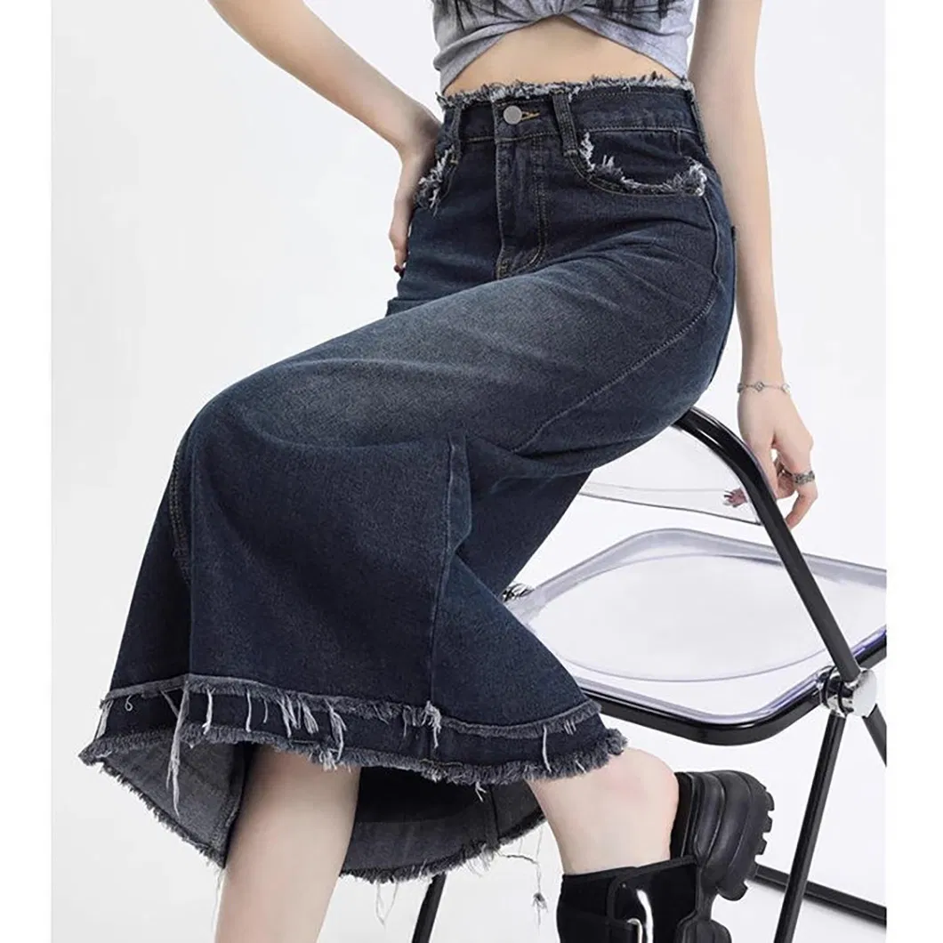 Saia de denim feminina de comprimento médio na cor ferrugem com cintura alta e ajuste solto, novo estilo de saia de denim feminina