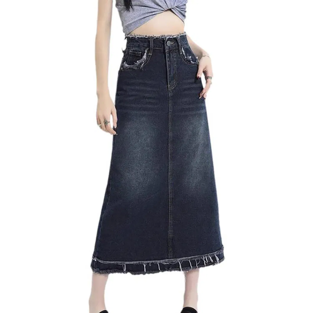 Saia de denim feminina de comprimento médio na cor ferrugem com cintura alta e ajuste solto, novo estilo de saia de denim feminina