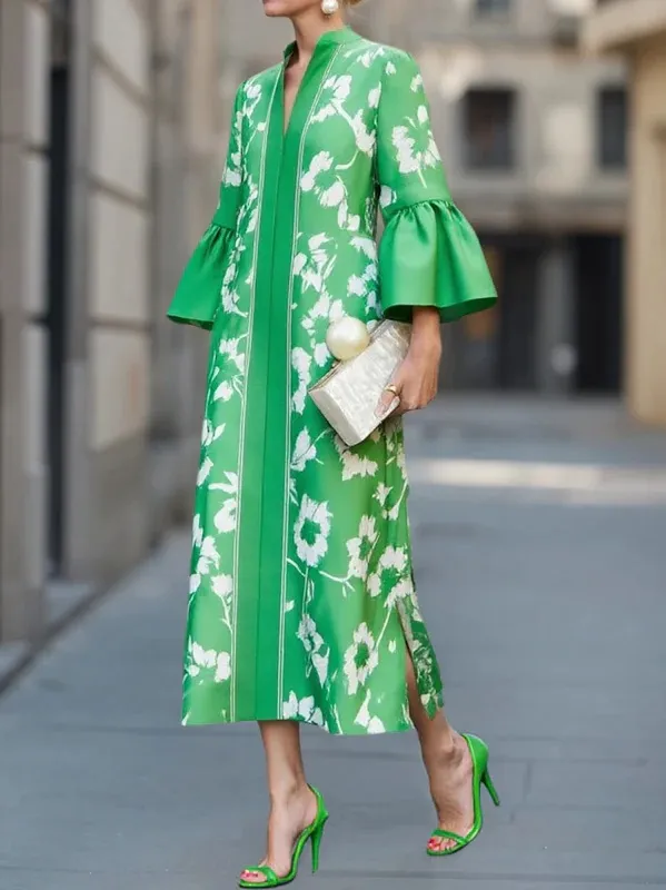 Vestido Midi Floral Verde com Decote em V, Manga Sino, Vestido A-Line Maxi para Mulheres