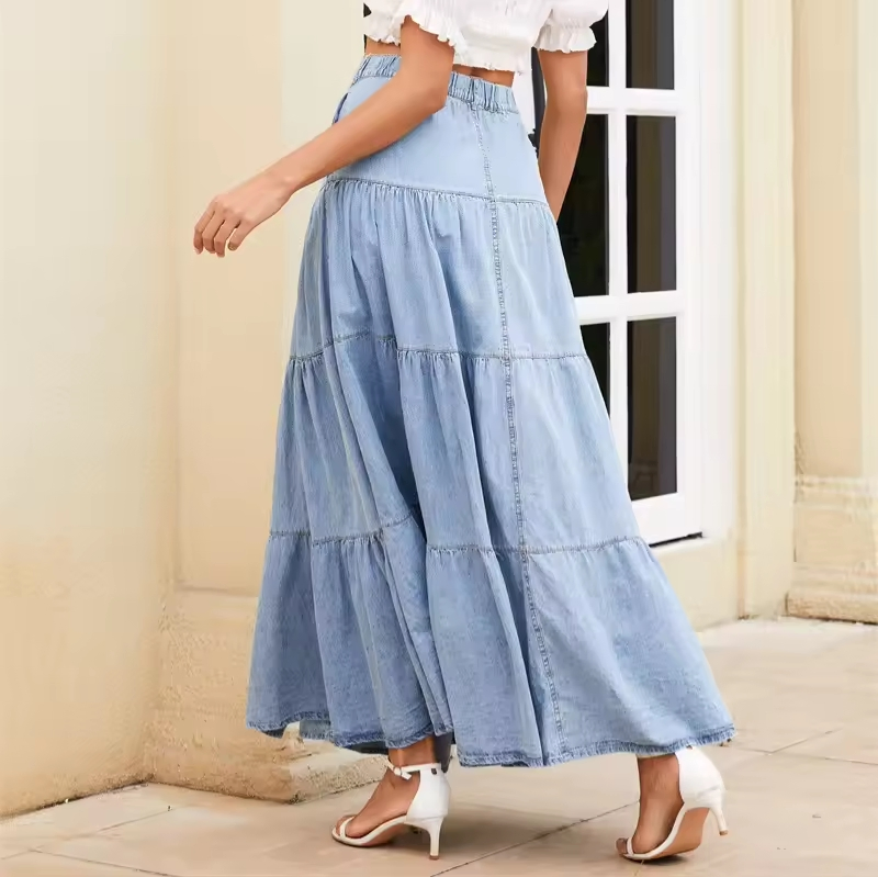 Saia de Denim Vintage com Botões para Mulheres, Sólida, Comprimento até o Tornozelo, em A-Line para o Verão