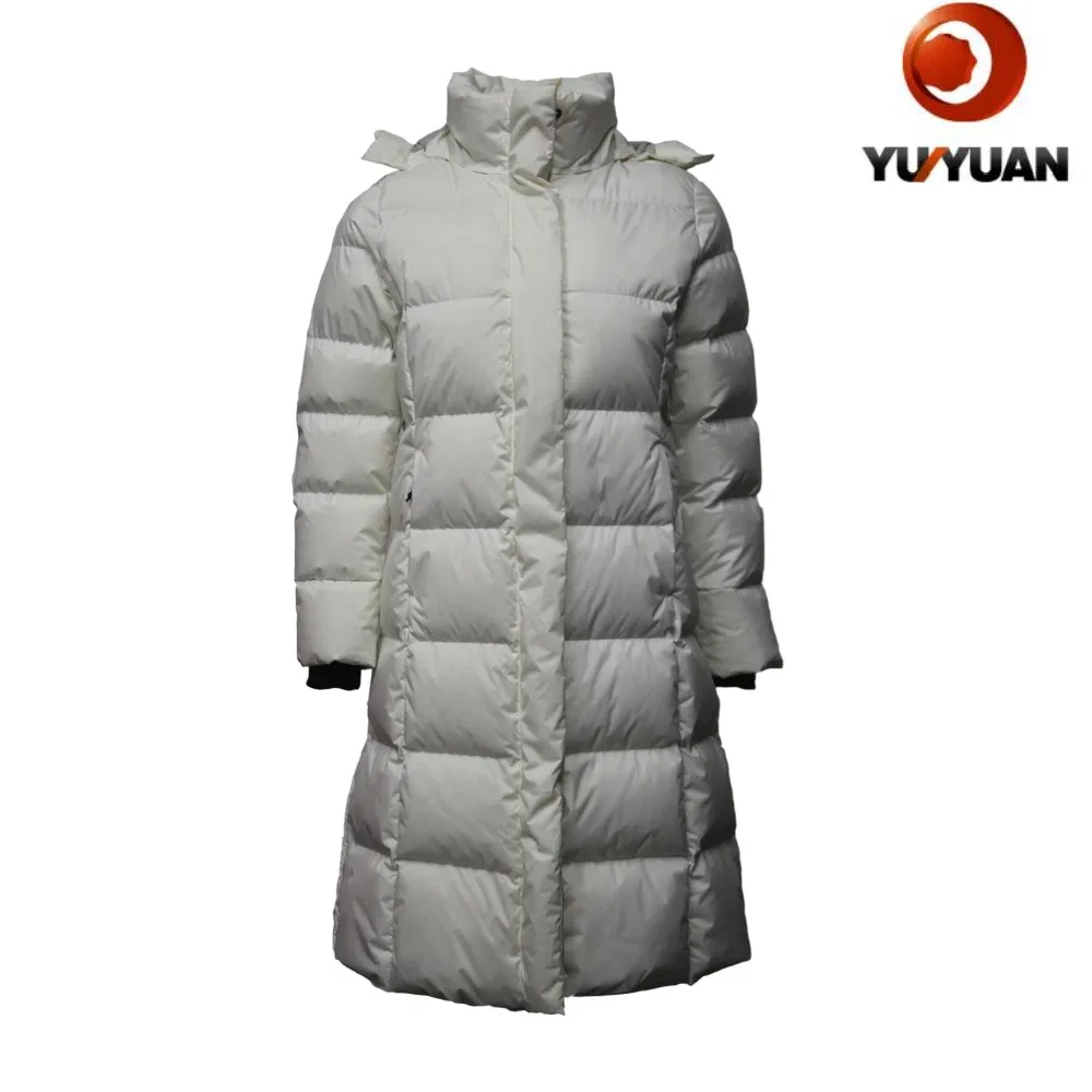 Casaco longo puffer feminino estiloso e ultra quente com capuz e enchimento de plumas para a fria temporada de inverno ao ar livre