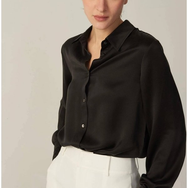 Camisa de botão feminina de seda satin com mangas longas