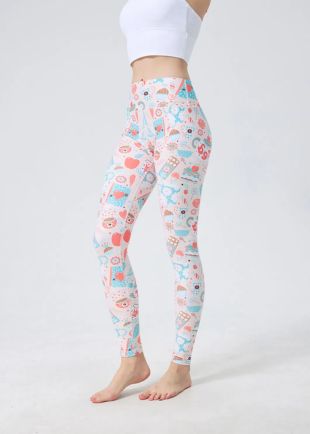Leggings de Yoga Impressas em Rosa Fofo, Calças de Yoga para Mulheres com Cintura Alta e Elástico Stretchable