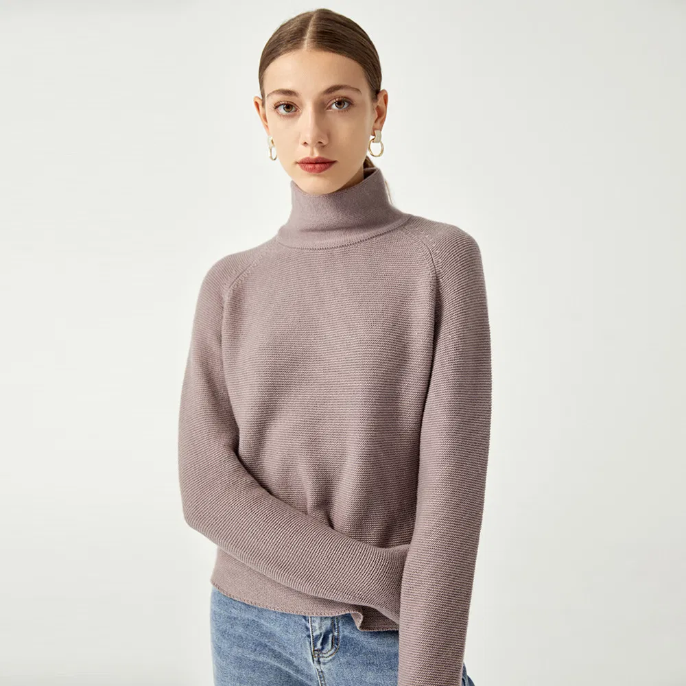 Suéter de pulôver curto para mulheres, com gola alta, de manga longa, em cashmere personalizado para o inverno