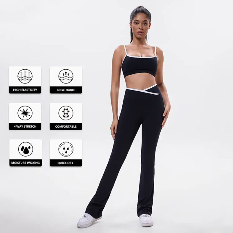Conjunto de Yoga Estiloso e Funcional - Design com Recortes, Calças Flare de Cintura Alta e Sutiã Combinar para Mulheres Ativas