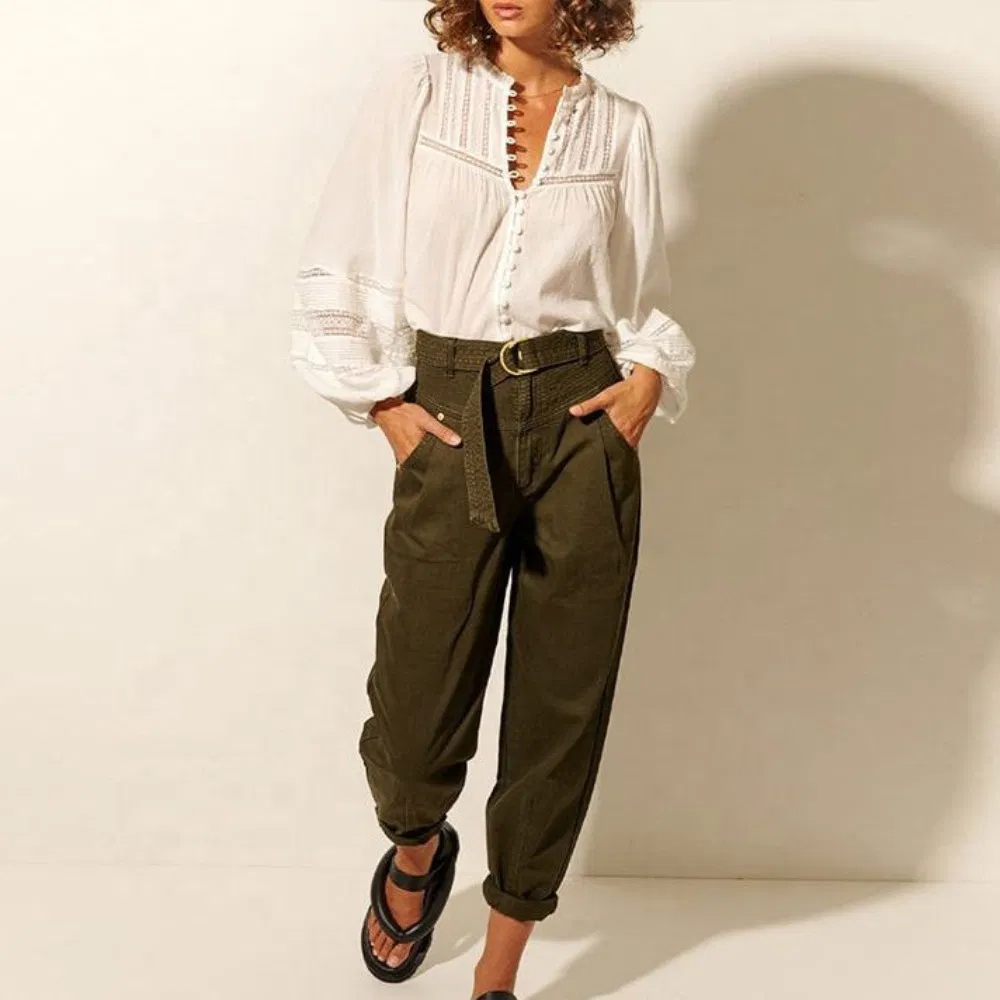 Women's Casual Summer Linen Button Down Blouse Long Sleeve Hollow