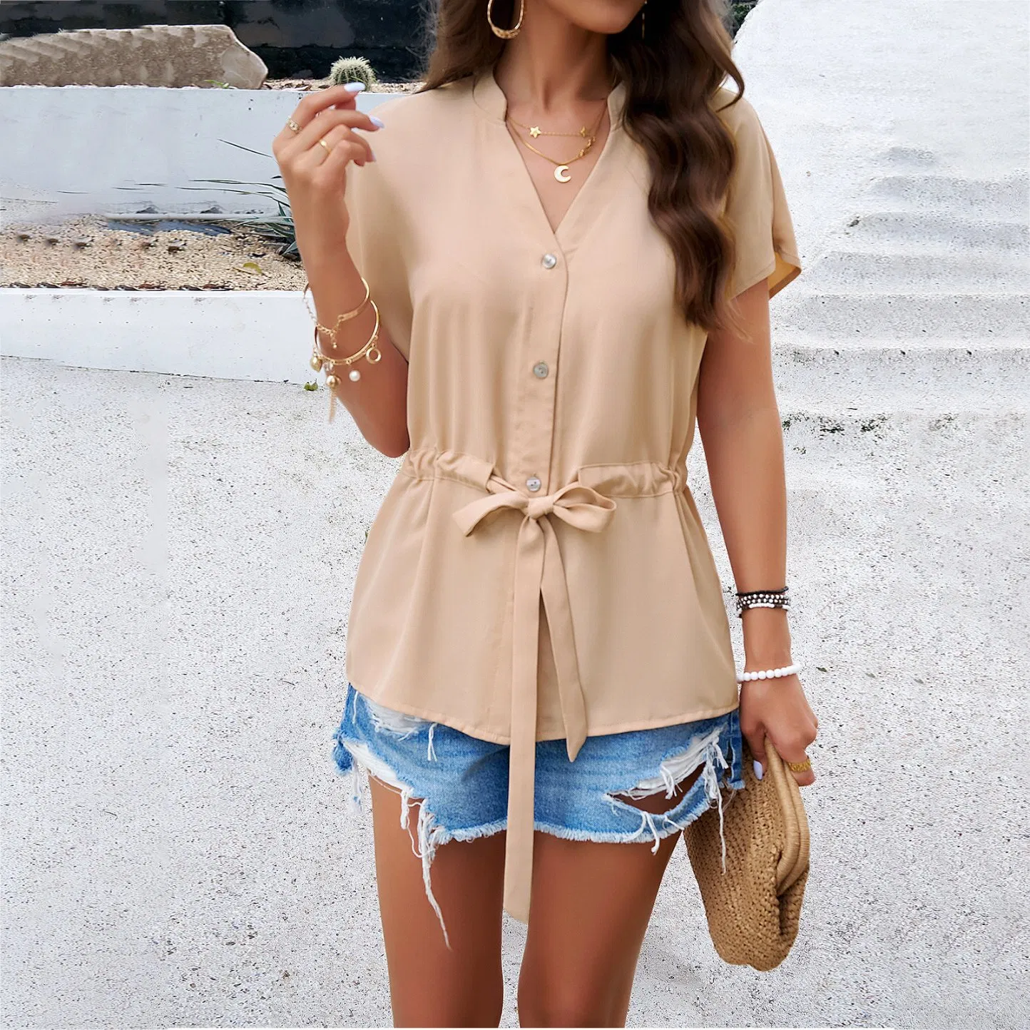 Blusa de Verão de Cor Sólida para Mulheres