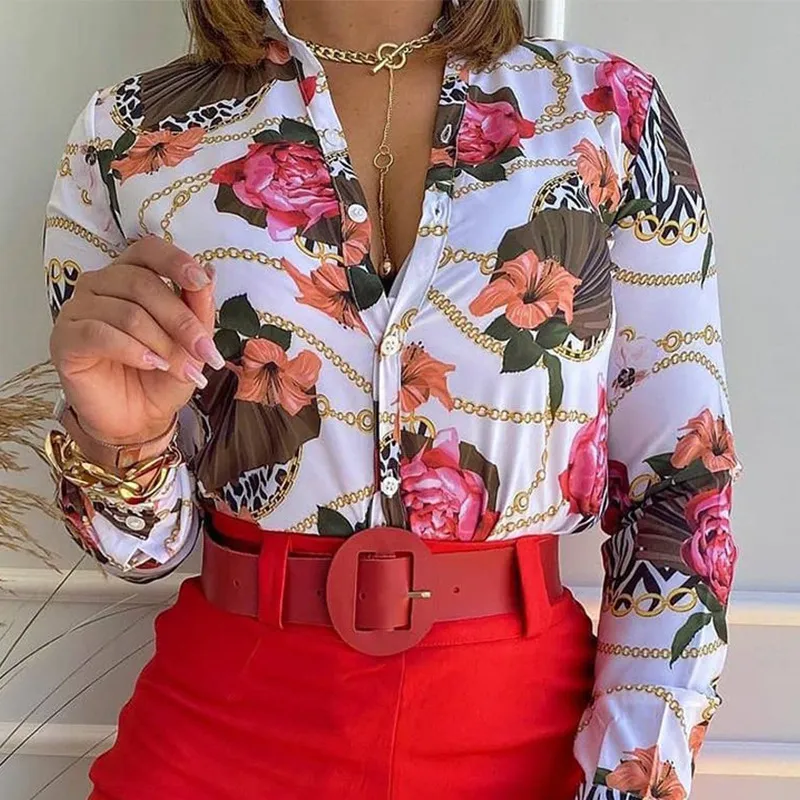 Blusas de Manga Longa Femininas Camisa Floral Impressa