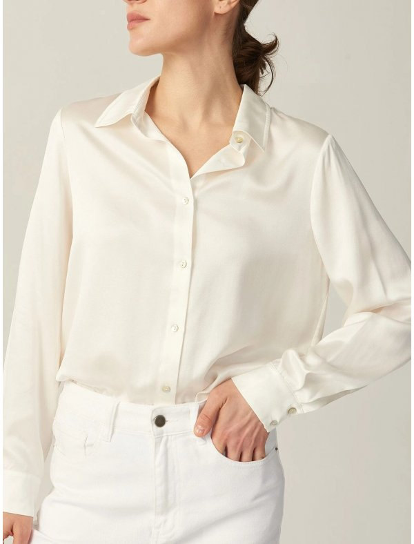 Camisa de botão feminina de seda satin com mangas longas