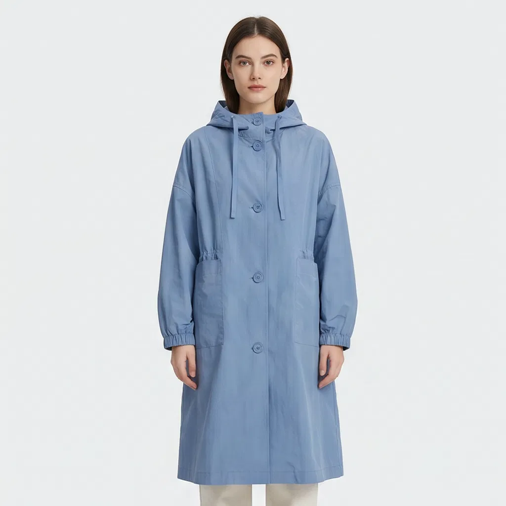 Casaco Trench Fino com Capuz Solto, Frente com Botões e Punhos com Cordão Azul Claro para Mulheres, Primavera Outono Atacado