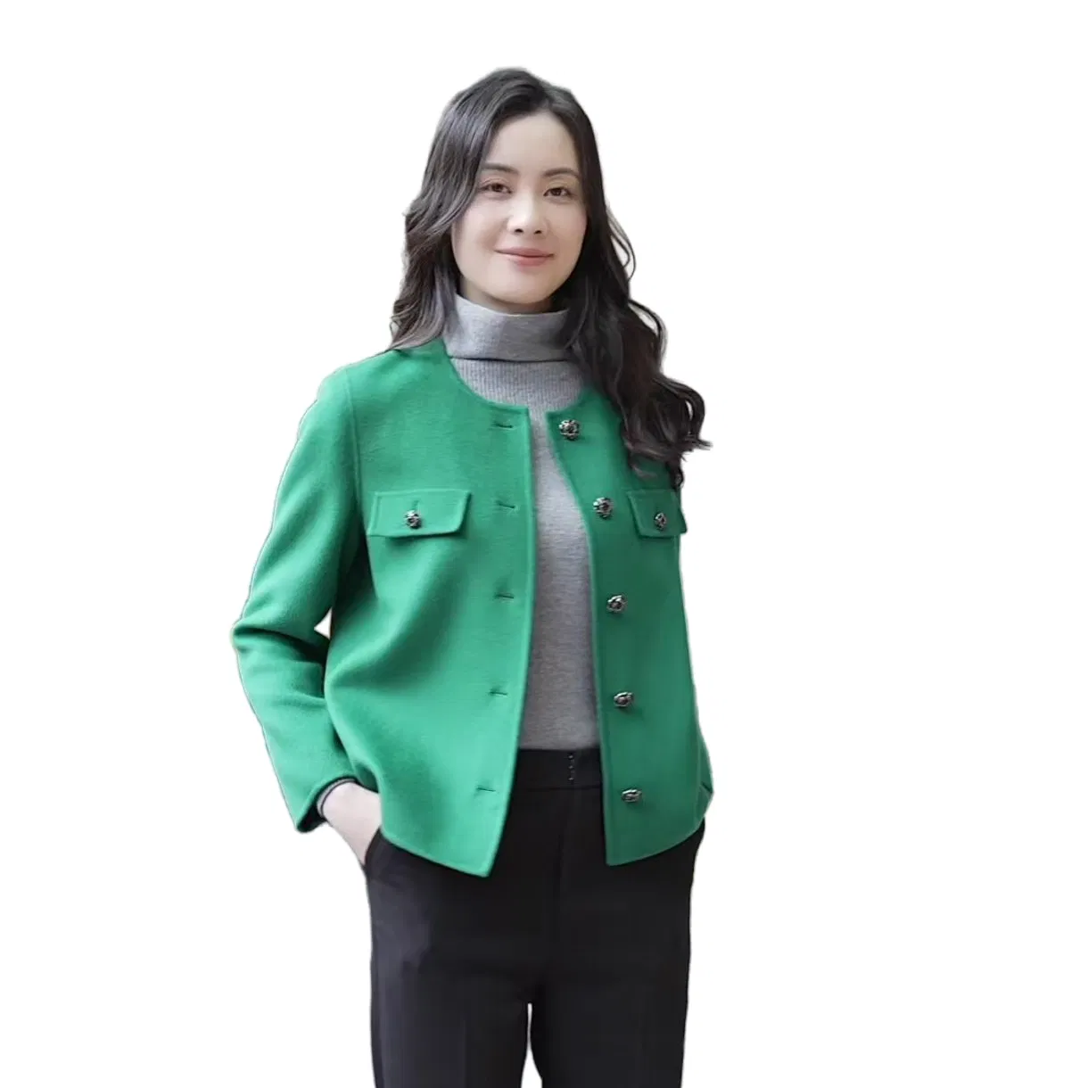 Blazer feminino tendência verde misto de lã merino e caxemira