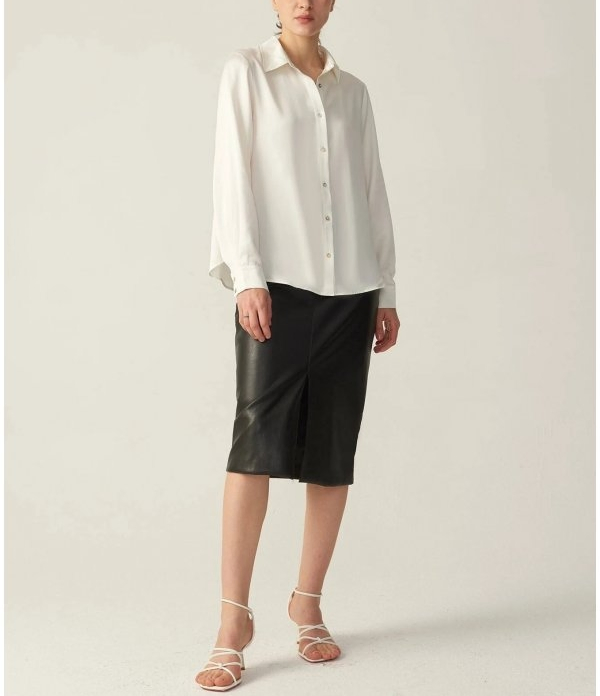 Camisa de botão feminina de seda satin com mangas longas