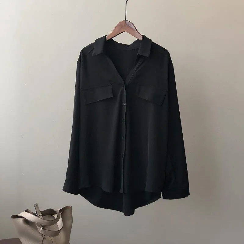 Blusa de seda satinada branca solta e elegante para mulheres, roupas de outono, camisa formal de manga longa com bolso para lady de escritório