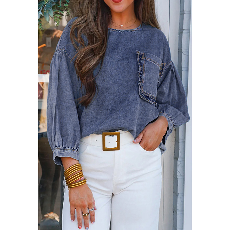 Querido Atacadista de Jeans Roupas Envio Rápido 3/4 Blusas de Denim com Mangas Ruffles e Bolsos Patched para Mulheres