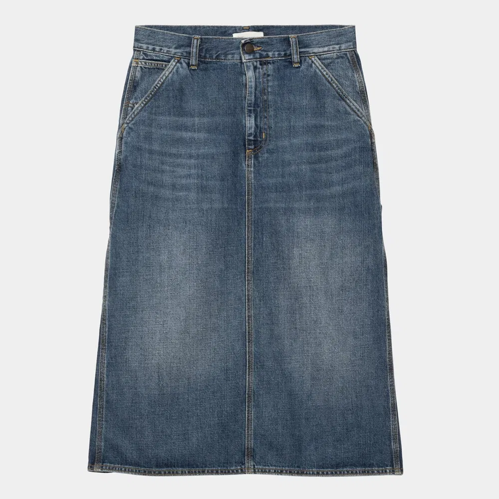 Saia MIDI de denim pesada azul personalizada com alças de martelo e bolsos laterais para mulheres