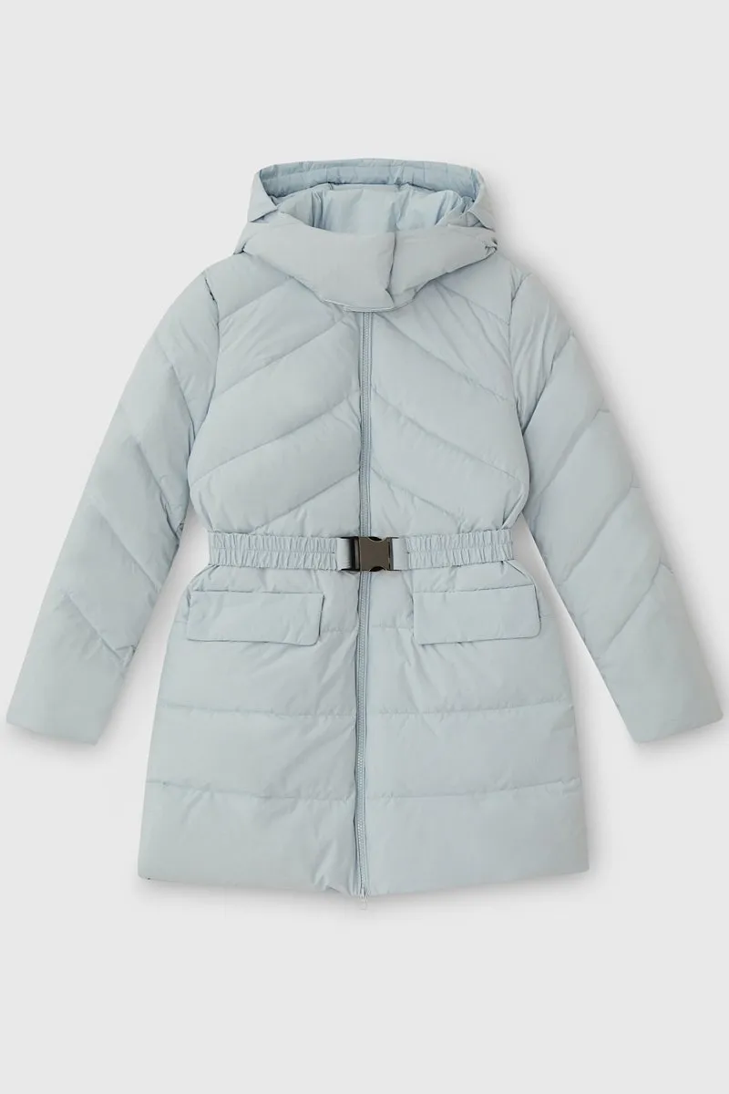 Roupas de Inverno Personalizadas por Atacado Moda Alta Roupas de Esqui com Capuz Jaqueta Puffer Feminina Jaqueta de Pato ou Ganso com Cinto de Fivela Roupas Puffy Femininas para Atividades ao Ar Livre