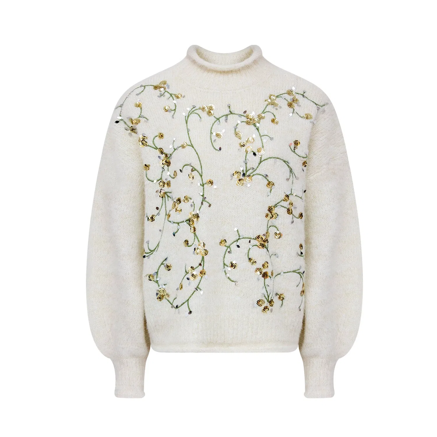 Suéter de Malha Fuzzy com Bordado Floral em Lantejoulas para Mulheres, Gola Alta, Pulôver Elegante e Luxuoso, Moda de Inverno, Fornecedor OEM ODM da China