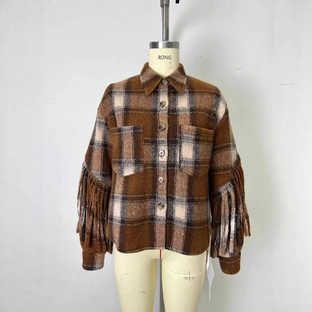 Jaqueta de flanela xadrez oversized feminina de manga longa, estilosa, com botões, respirável, com bolsos, tingida lisa, casual, outono
