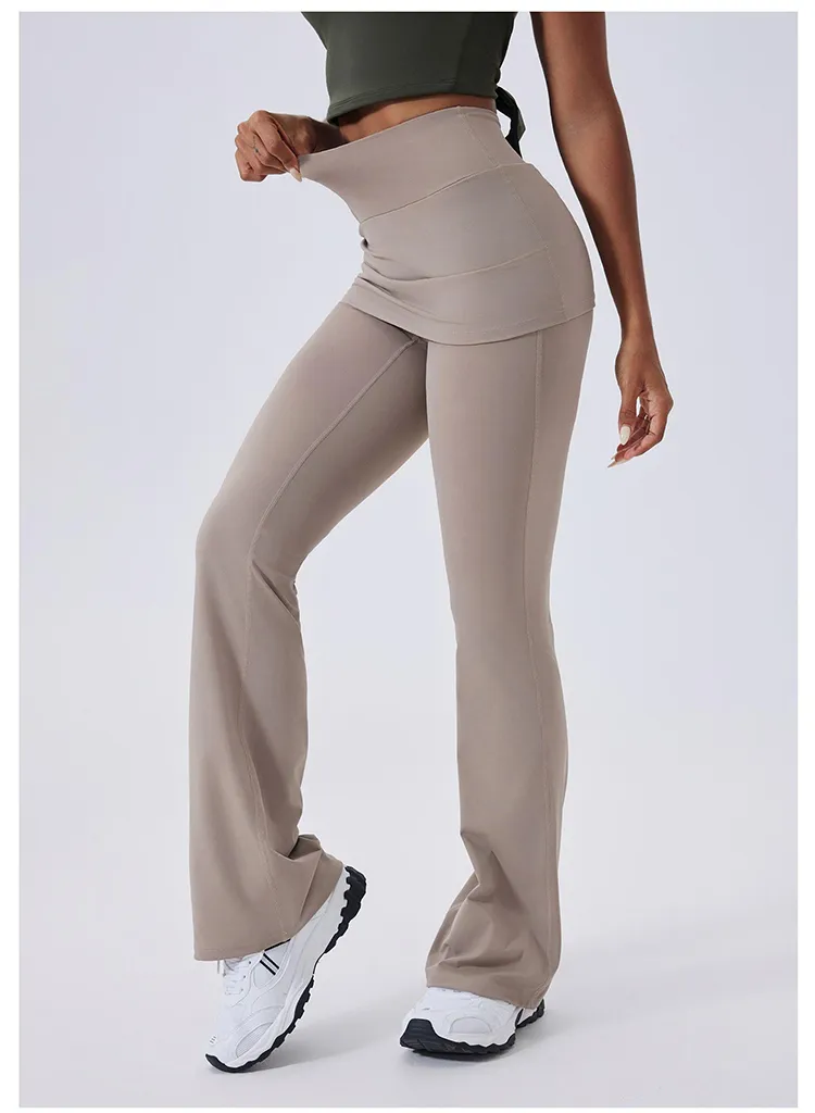 Calças de Yoga Flare de Cintura Alta com Ruchado e Controle de Barriga 4-Way Leggings de Ginástica com Sobreposição de Saia