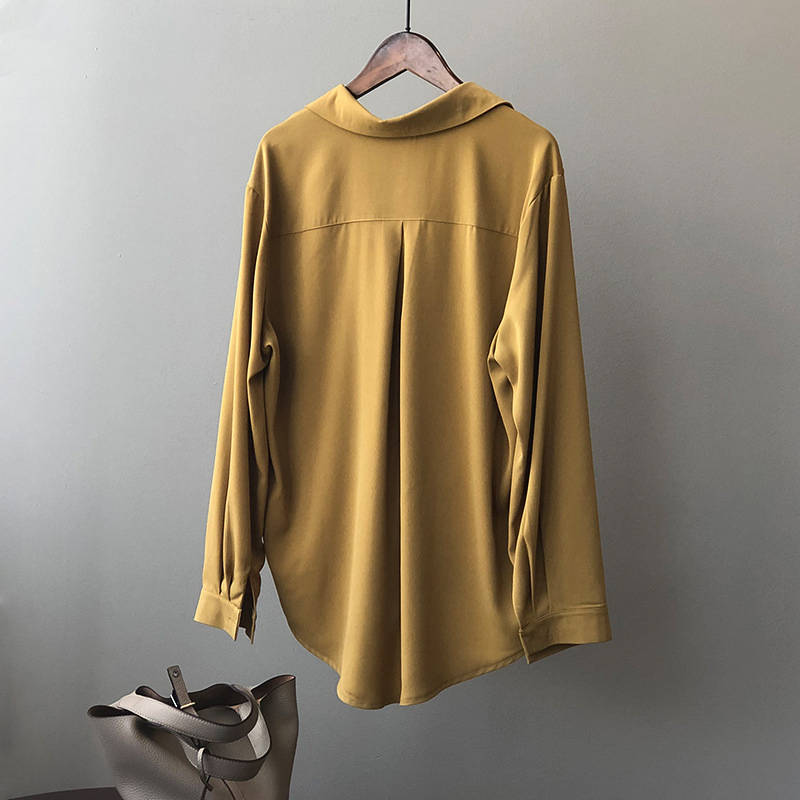 Blusa de seda satinada branca solta e elegante para mulheres, roupas de outono, camisa formal de manga longa com bolso para lady de escritório