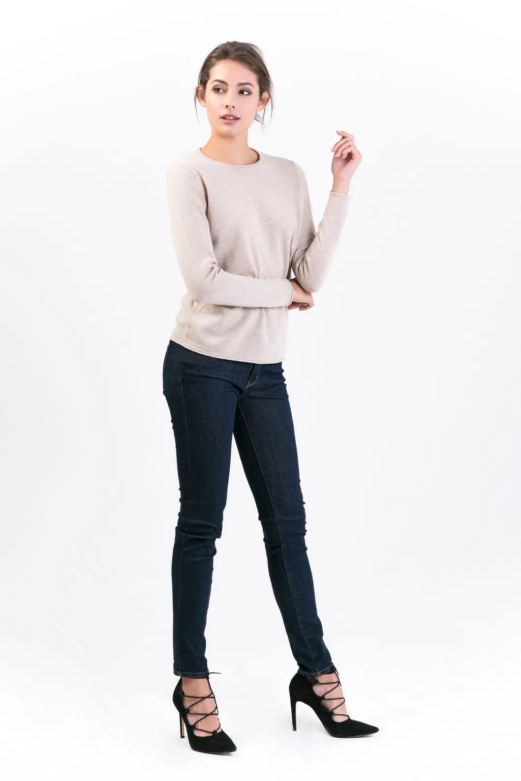 Suéter de pulôver de gola redonda de cashmere premium clássicos para mulheres