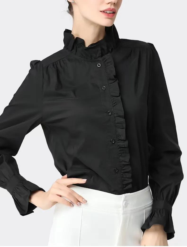 Blusa feminina casual com gola de babado e mangas com placket