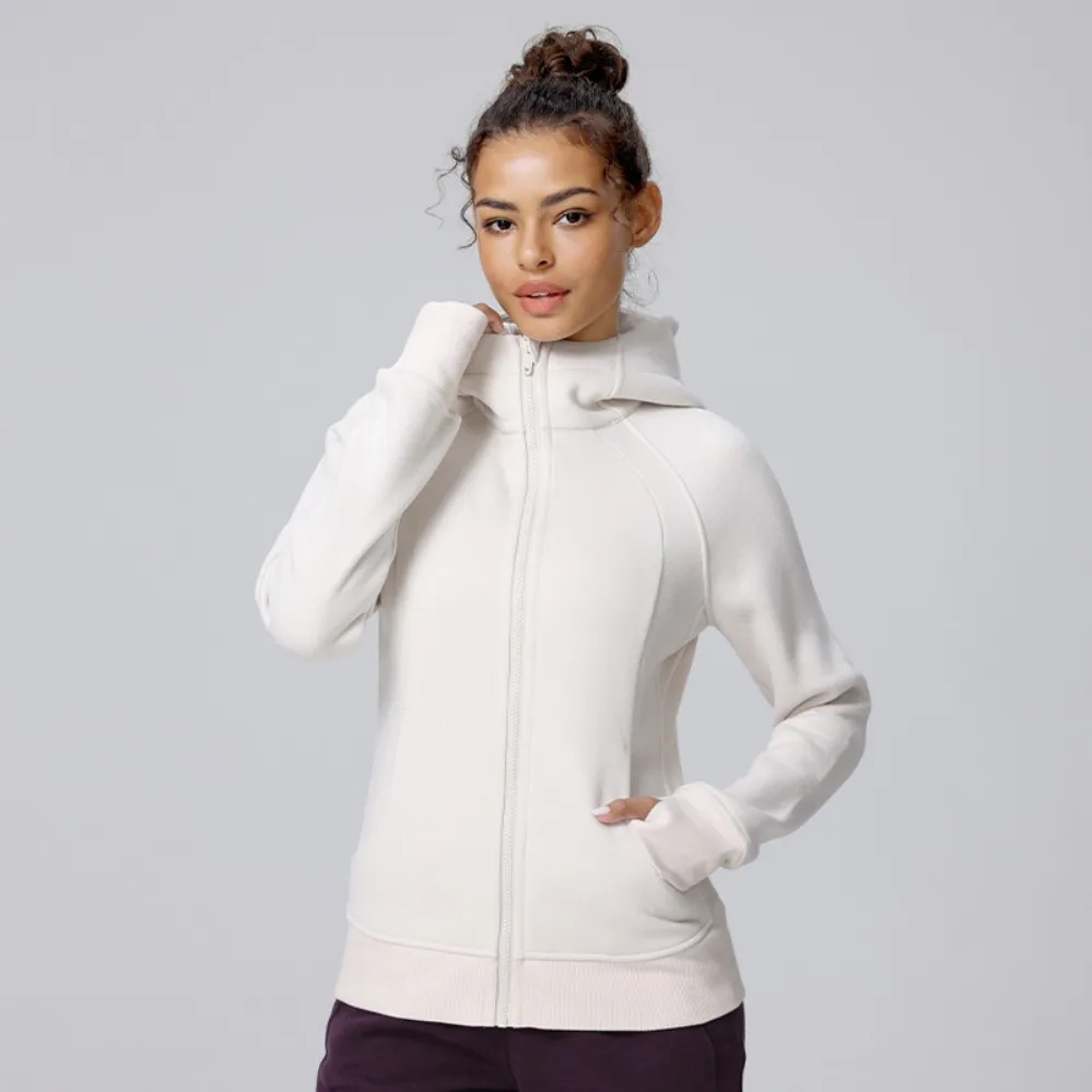 Moletom feminino de moda esportiva personalizado por atacado, forrado com fleece, quente, com capuz, ajuste slim, espesso, jaqueta de fitness e yoga para outono e inverno