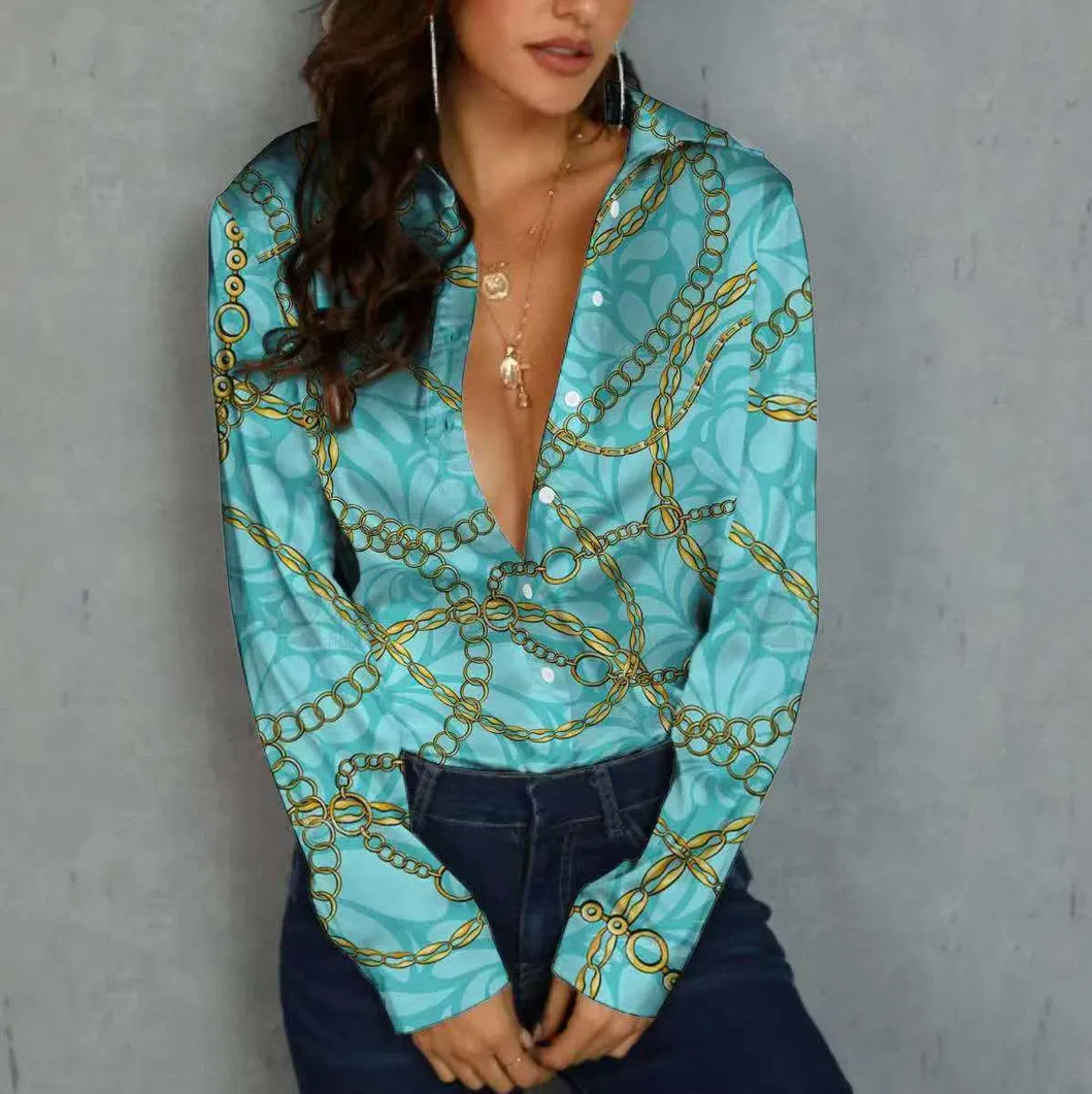 Blusa Impressa de Manga Longa Feminina, Camisa de Temperamento Elegante