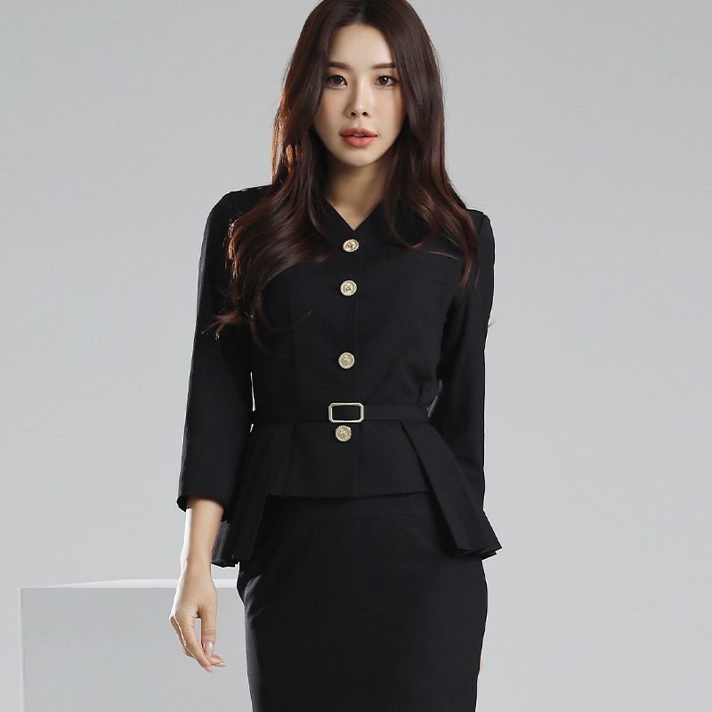 Conjunto Elegante de Blazer Preto com Peplum e Saia Lápis para Mulheres