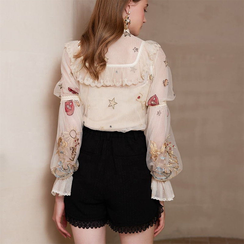 Blusa de Renda Vintage para Mulheres com Bordado em Malha, Gola Alta com Renda, Manga Longa Puff, Camisa Elegante Transparente com Estampa Floral, Blusas de Chiffon para Festa Diária