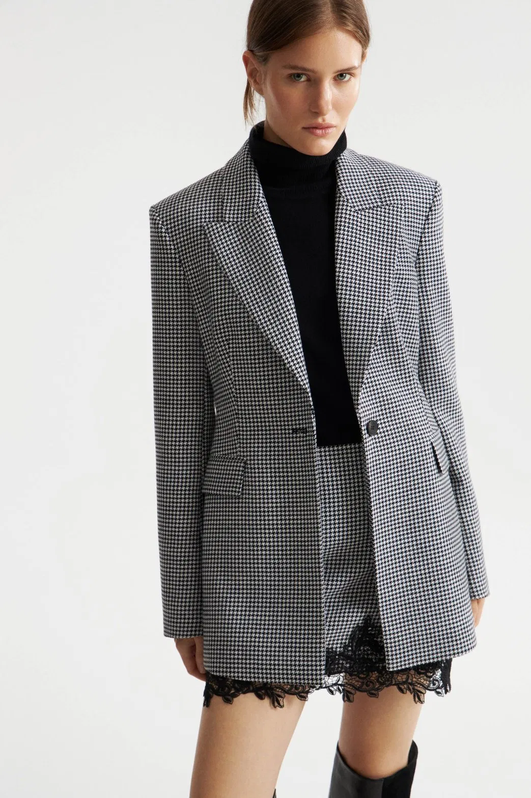 Blazer feminino de alta qualidade personalizado com tecido de lã misto pied-de-poule e gola de lapela pontuda