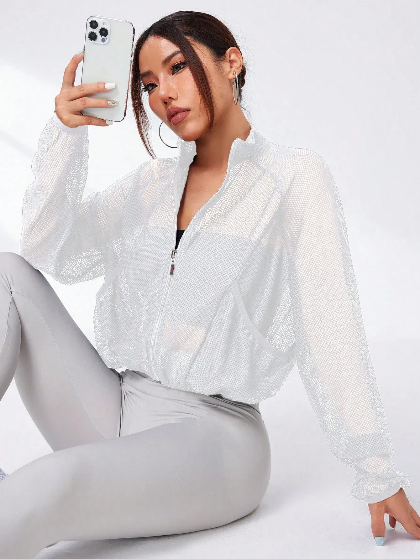 Camiseta feminina em branco, secagem rápida, com zíper, recortada, blusa de yoga esportiva de manga longa