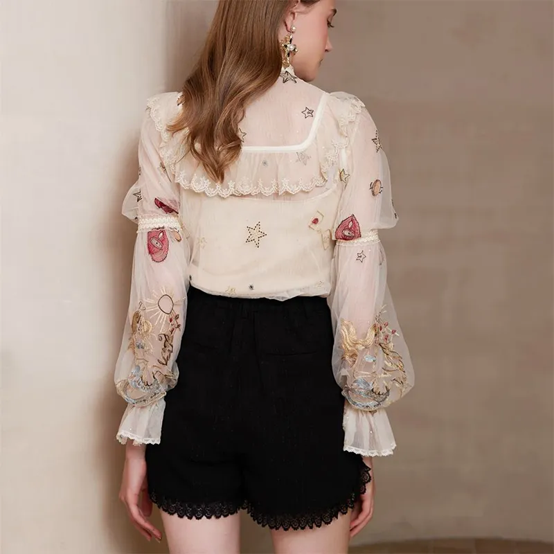Blusa de Renda Vintage para Mulheres