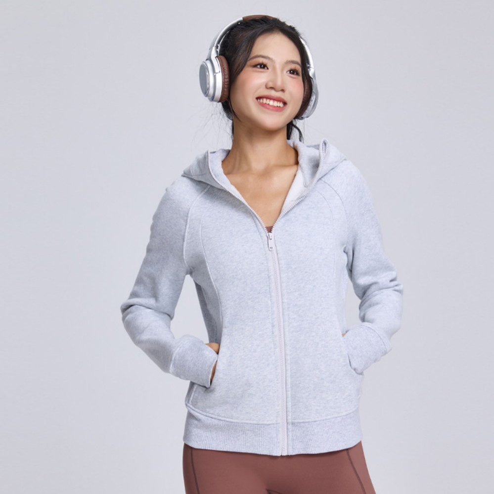 Moletom feminino de moda esportiva personalizado por atacado, forrado com fleece, quente, com capuz, ajuste slim, espesso, jaqueta de fitness e yoga para outono e inverno