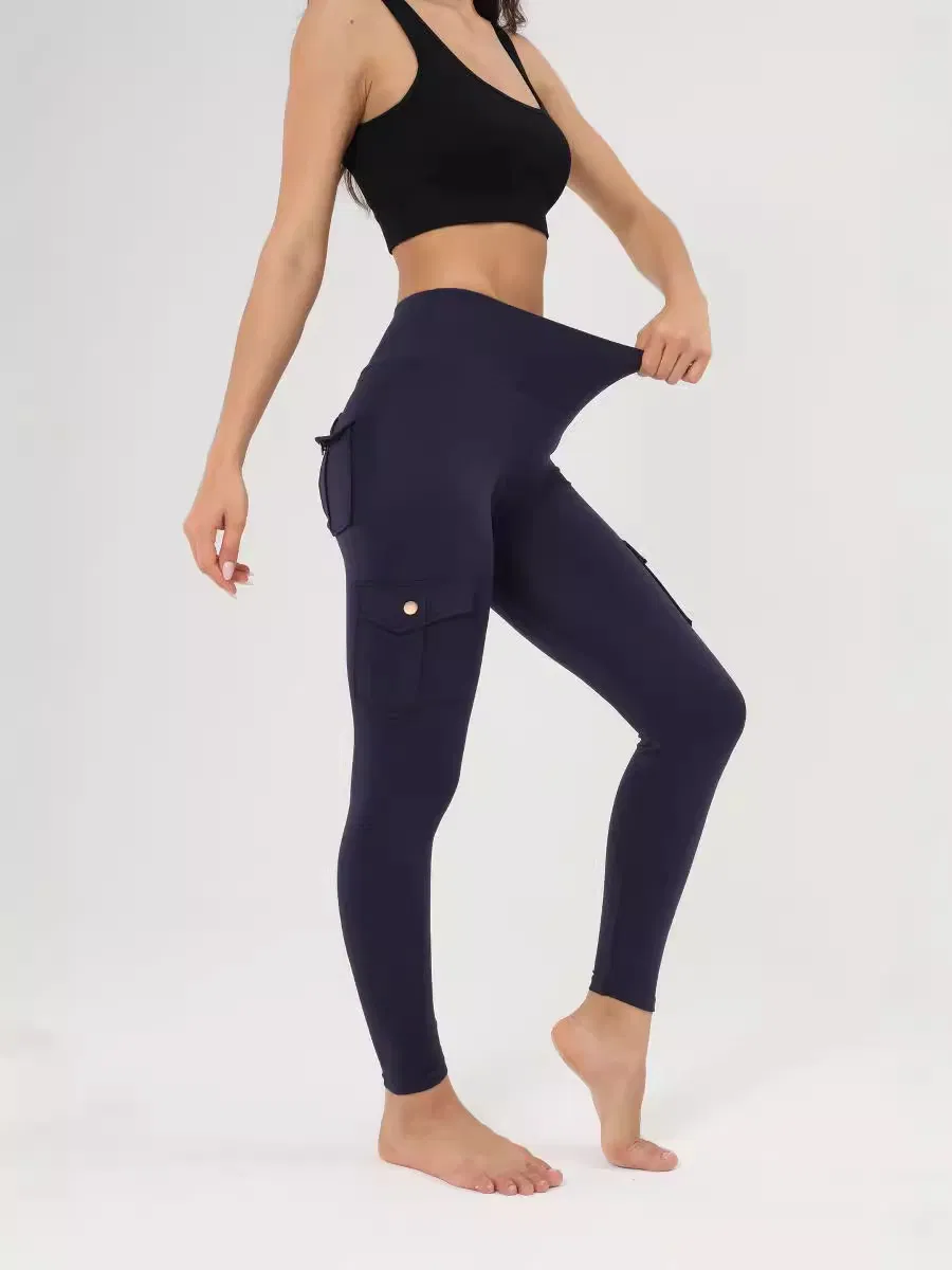 Leggings de Yoga com Botão, Bolso, Respirável e com Efeito de Bumbum, em Tecido Aconchegante