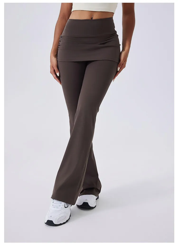 Calças de Yoga Flare de Cintura Alta com Ruchado e Controle de Barriga 4-Way Leggings de Ginástica com Sobreposição de Saia