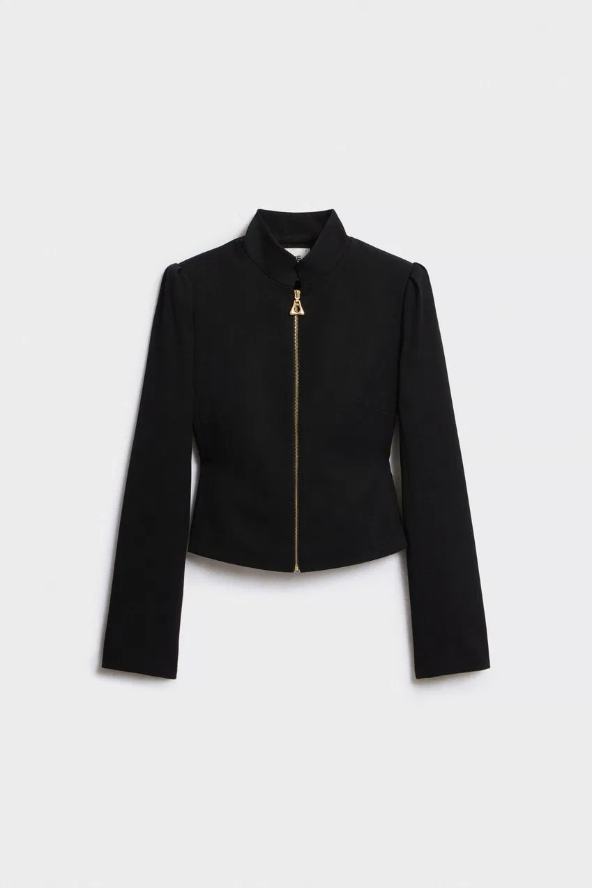 Conjunto de Blazer Feminino com Design de Fecho de Zíper Metálico e Calças Cropped Justas