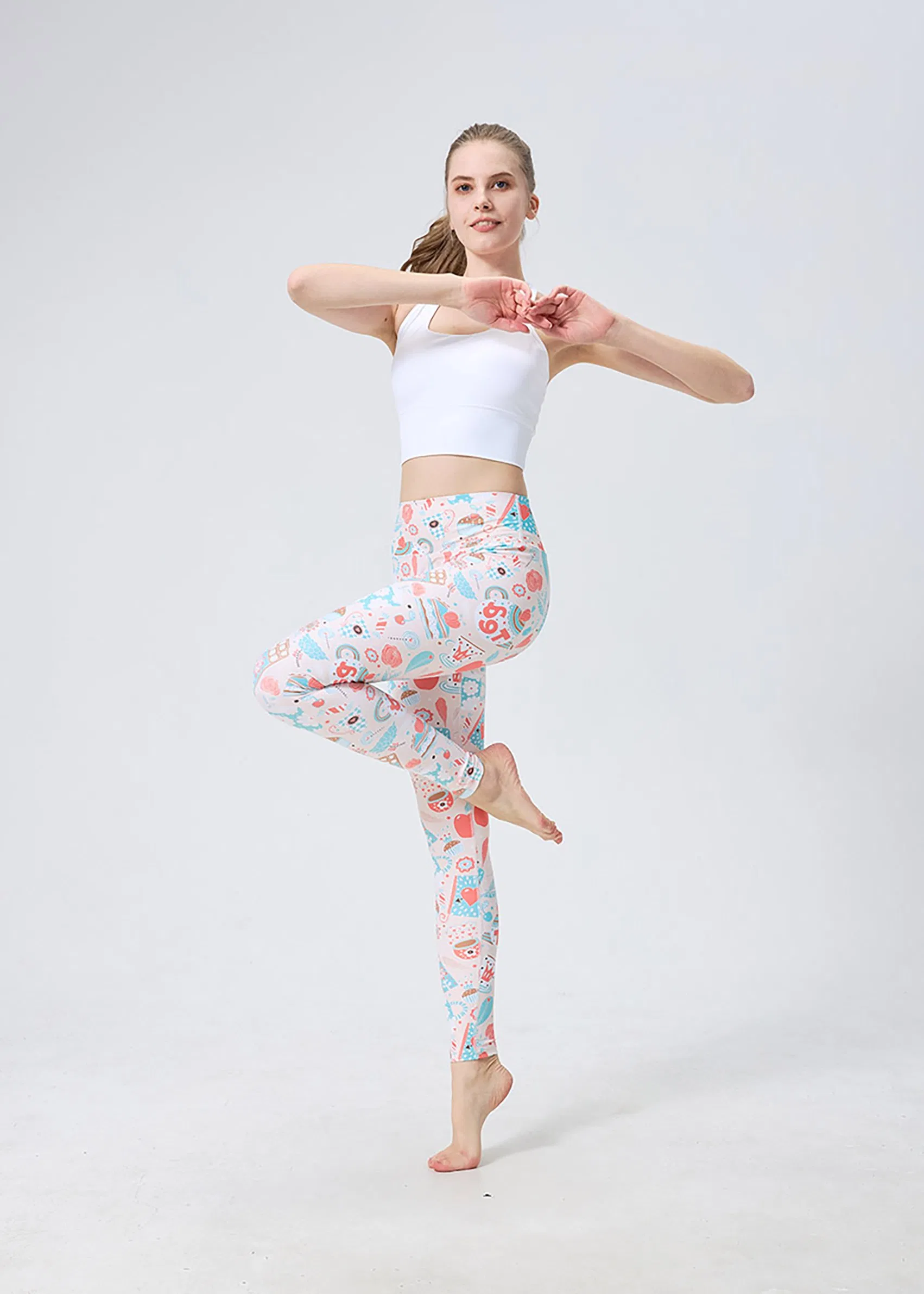 Leggings de Yoga Impressas em Rosa Fofo, Calças de Yoga para Mulheres com Cintura Alta e Elástico Stretchable