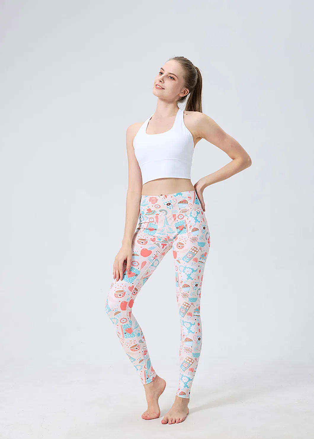 Leggings de Yoga Impressas em Rosa Fofo, Calças de Yoga para Mulheres com Cintura Alta e Elástico Stretchable