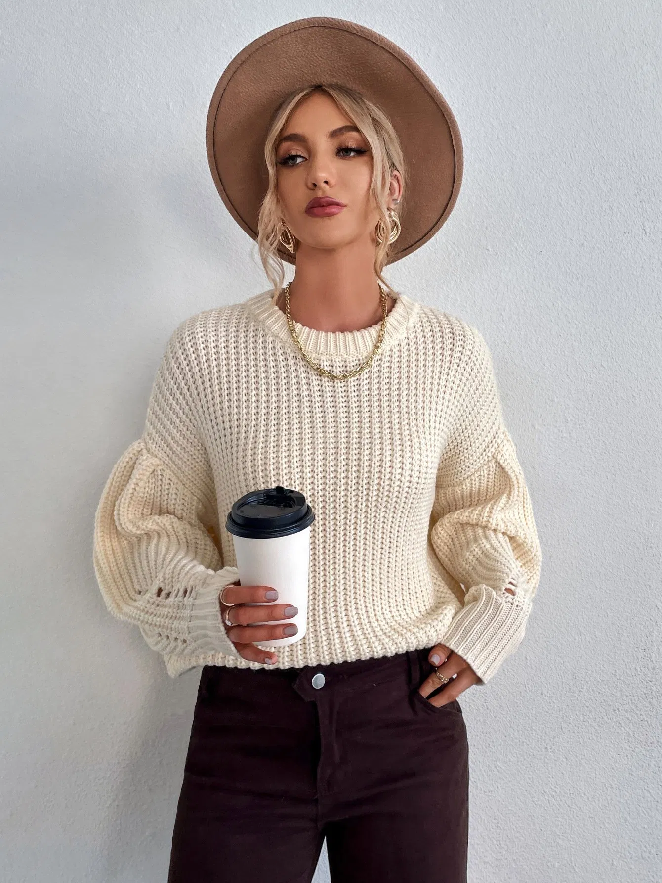 Suéter térmico solto de manga longa tricotado para mulheres, cor pura, espesso, estilo quente de outono e inverno