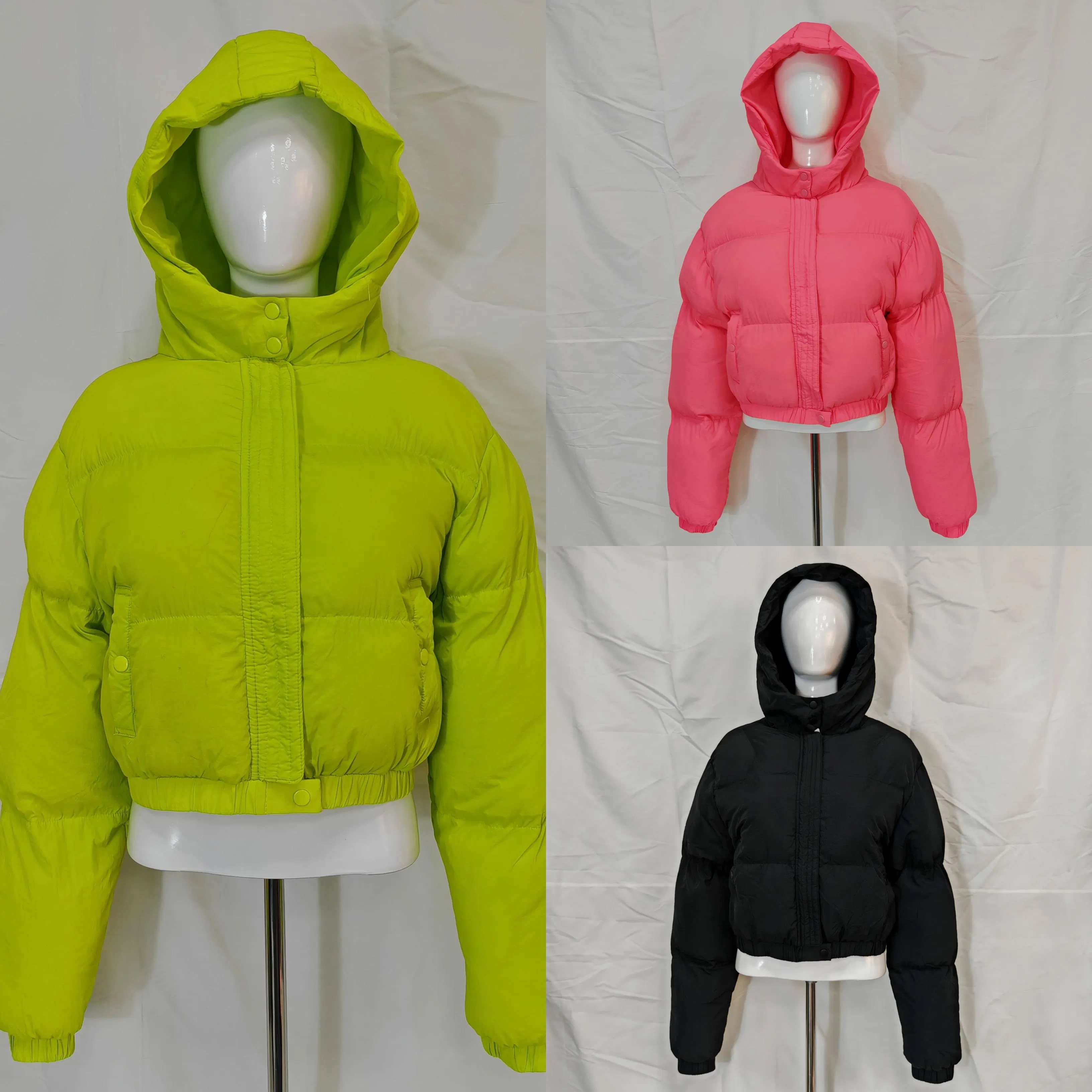 Casaco Puffer Curto Feminino em Quilted com Gola Alta, Fechamento em Zíper, Costura em Diamante, Manga Longa, Jaqueta de Inverno Quente