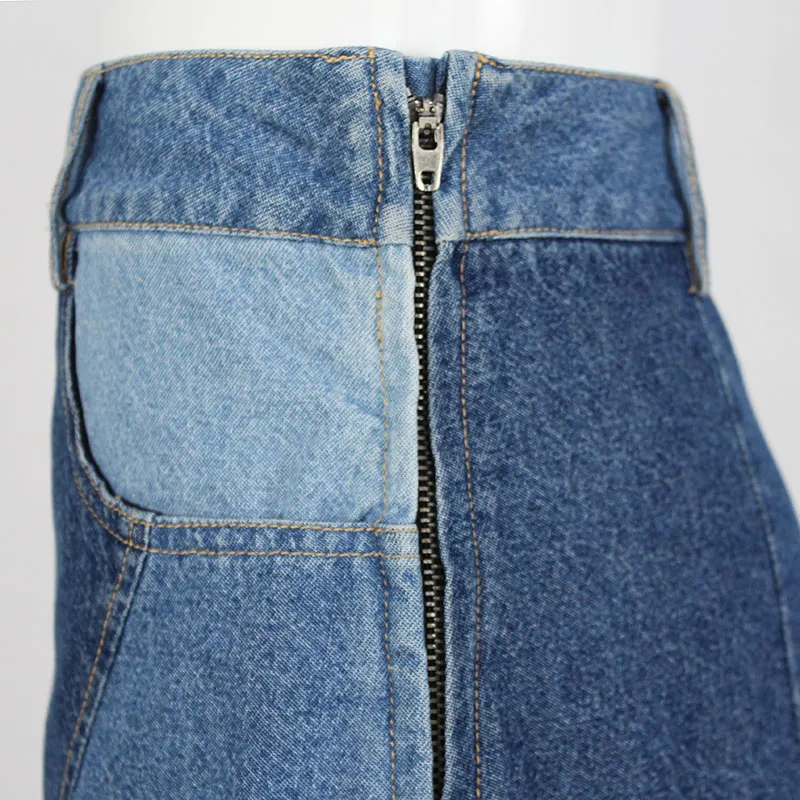 Saia Mini A-Line Casual de Verão para Mulheres em Denim com Patches de Cores Contrastantes