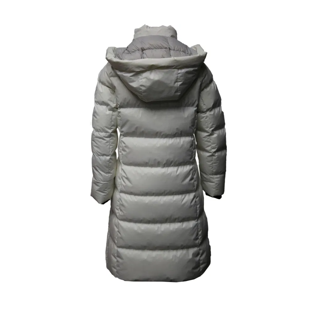 Casaco longo puffer feminino estiloso e ultra quente com capuz e enchimento de plumas para a fria temporada de inverno ao ar livre