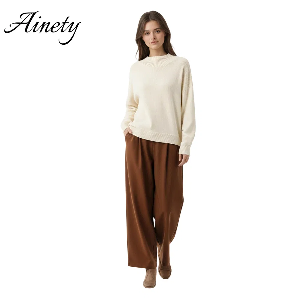 Suéter de luxo feminino tricotado, suéter de pura caxemira, gola alta, ajuste solto, suéter de inverno