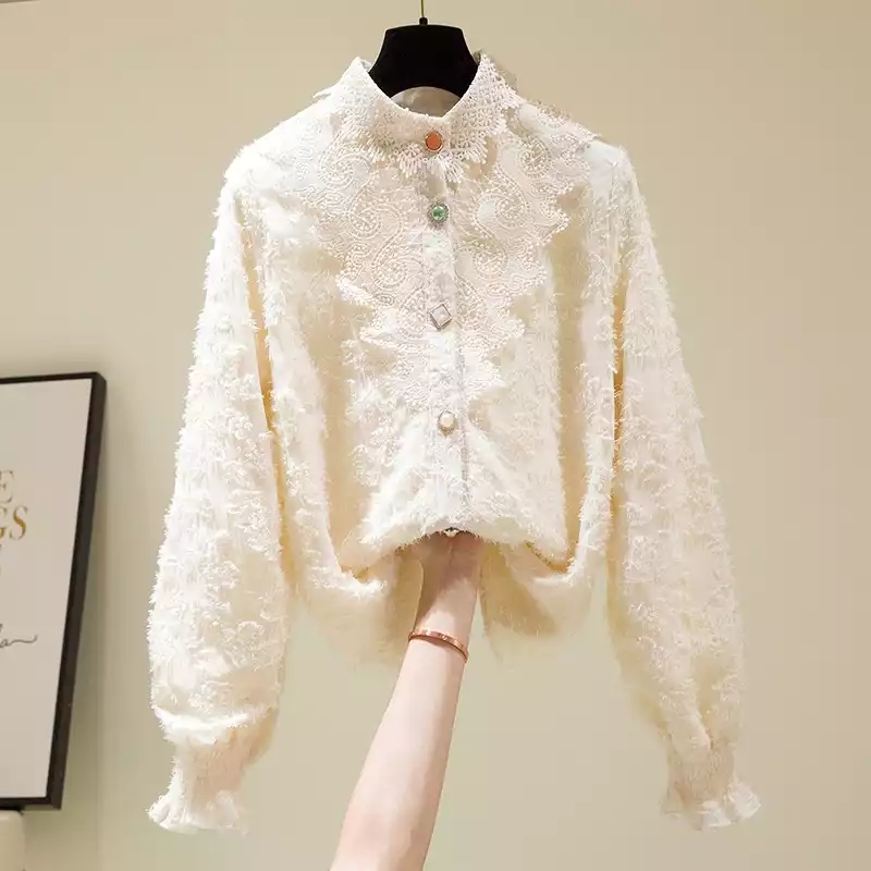 2021 Moda casual para mulher lace camisa de manga comprida