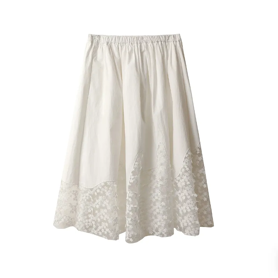 Saia Midi Casual de Renda Bordada com Lantejoulas para Mulheres, Saia em Cauda de Peixe de Comprimento Médio